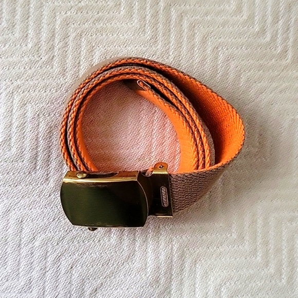 Orange & Tan Web Belt With Solid Brass Clamp Belt Buckle - Picture 5 of 5
